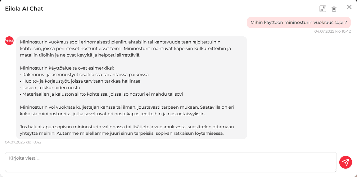 Mininosturivuokraus hinta-arviolaskuri