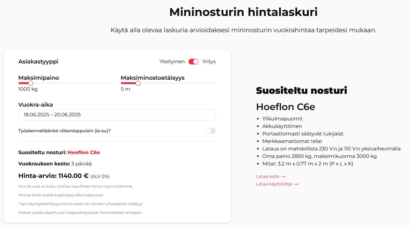 Mininosturivuokraus hinta-arviolaskuri